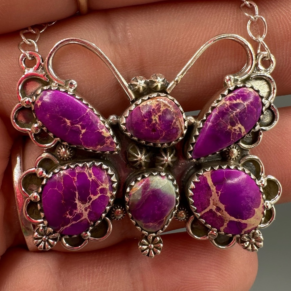 🦋 Purple Sea Sediment Jasper Sterling Silver 925 Handmade Butterfly Necklace